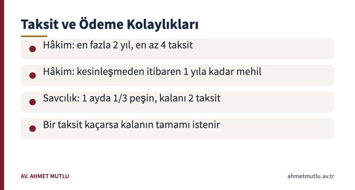 Mahkeme ve savcılık aşamasındaki taksit ve mehil kolaylıklarını özetleyen kart