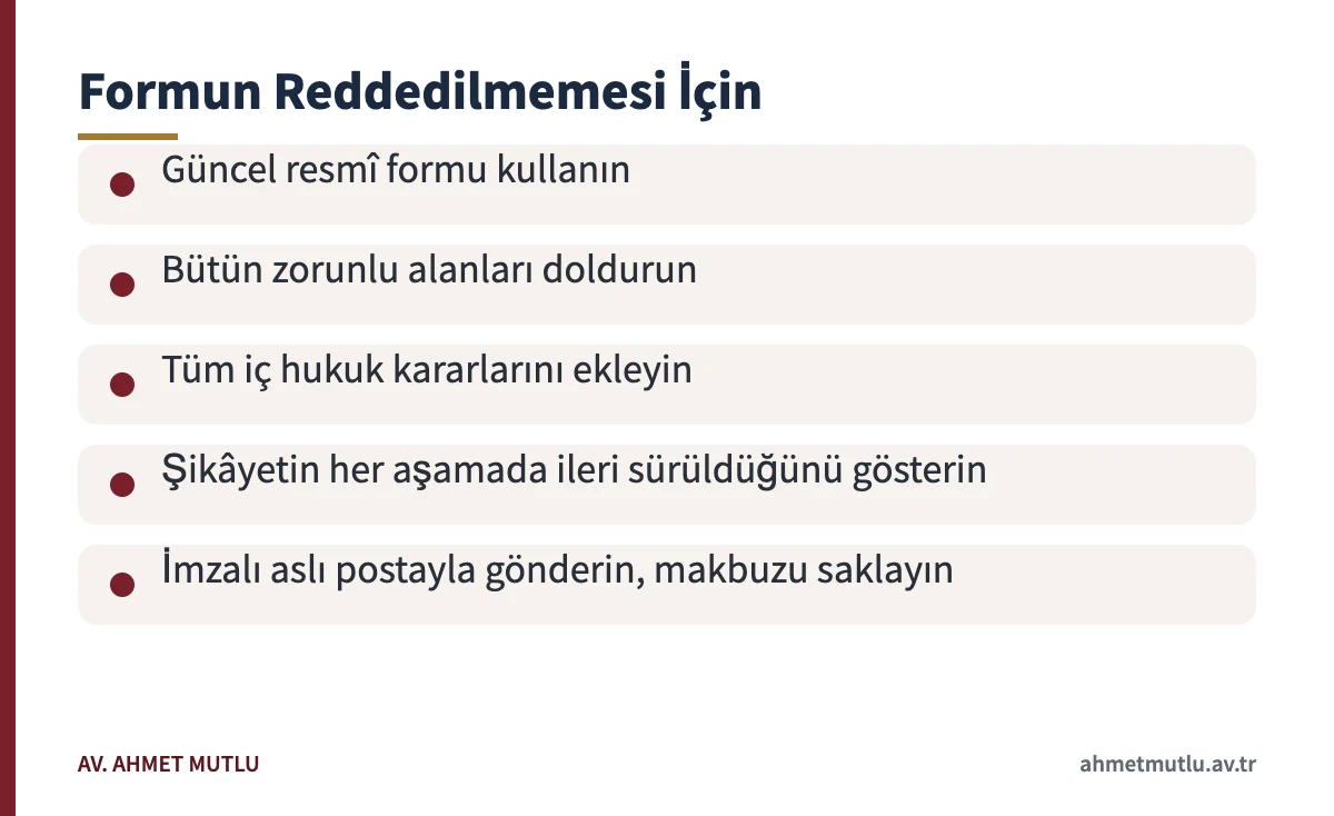 Avrupa İnsan Hakları Mahkemesi başvuru formunun kayda alınması için dikkat edilecek noktaları listeleyen kart