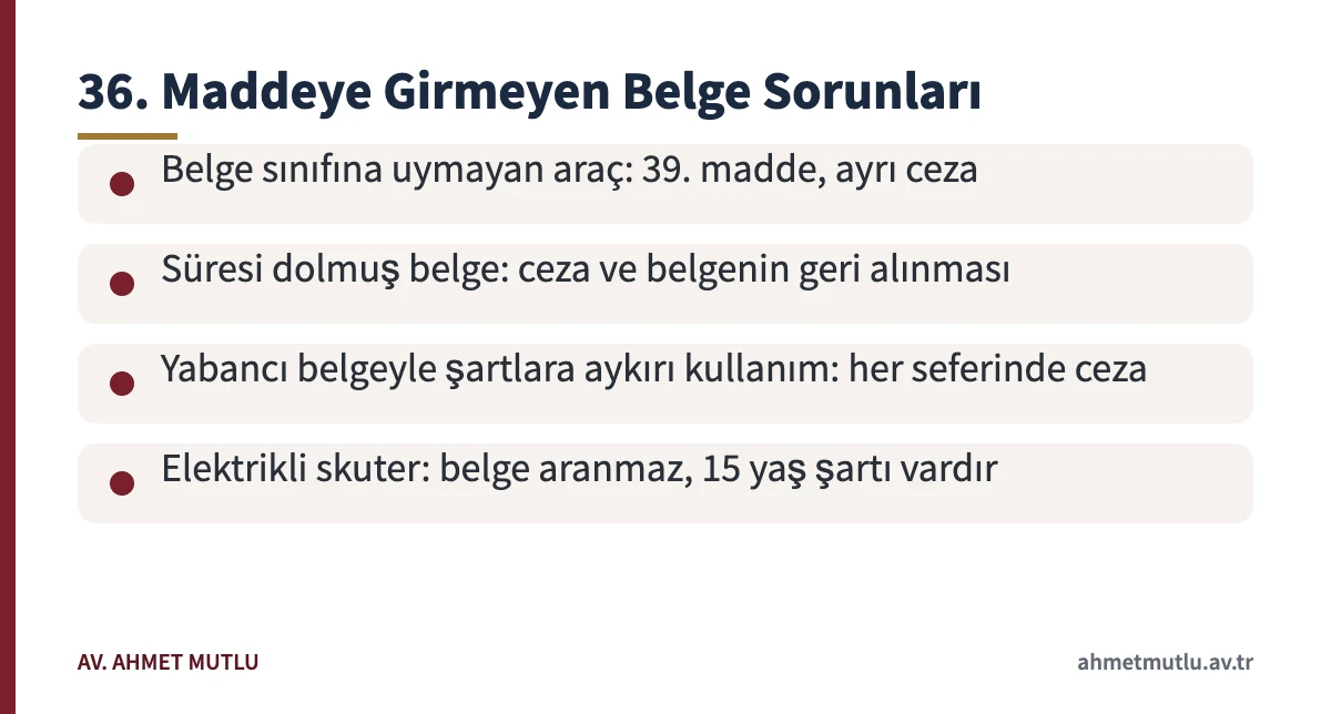 Sürücü belgesi sınıfı, süresi ve yabancı belge gibi ehliyetsizlik sayılmayan durumları özetleyen kart