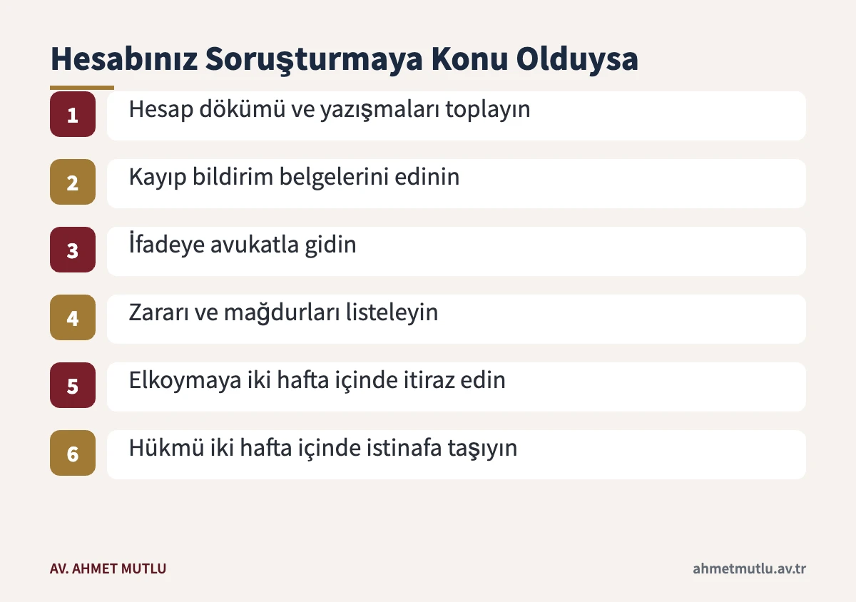 Banka hesabı nedeniyle dolandırıcılık soruşturması başlatılan kişinin izleyeceği adımlar