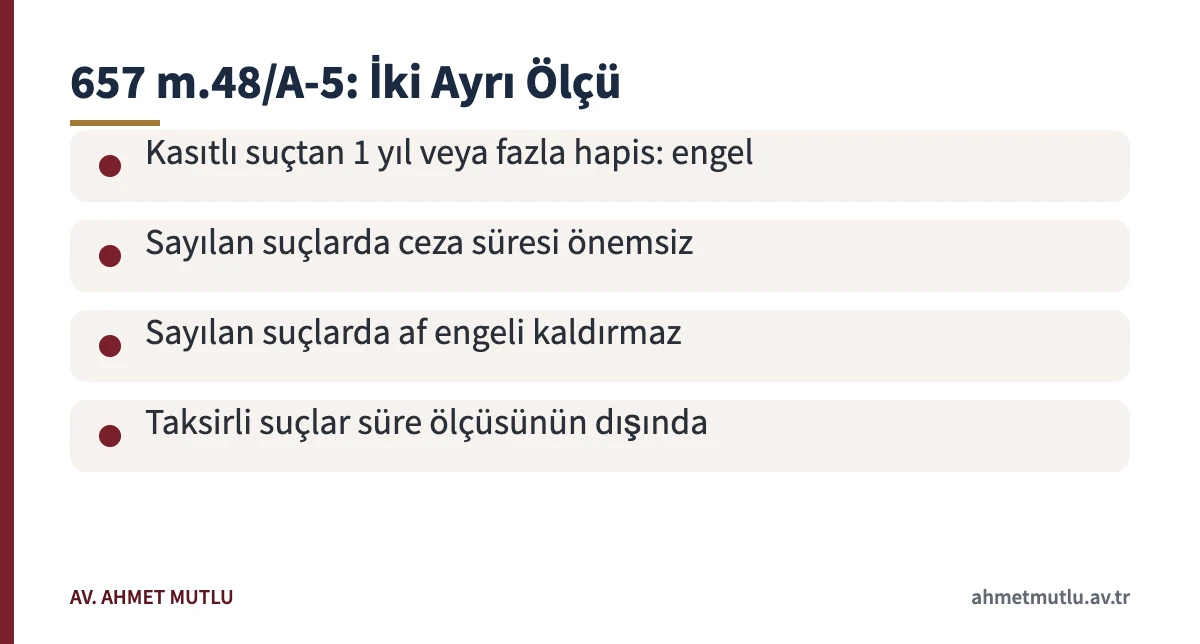 Memuriyete engel suçlar için 657 sayılı Kanunun kullandığı iki ölçüyü gösteren kart