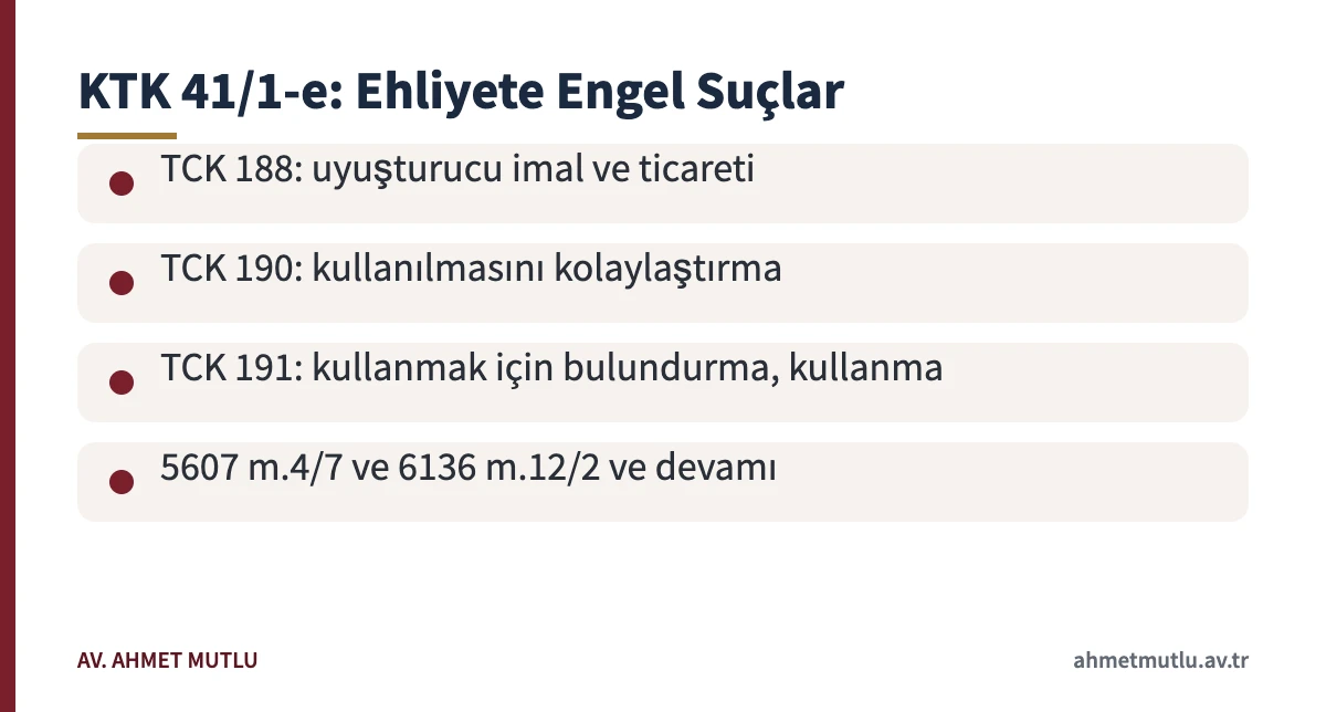 Sabıka kaydı ehliyet almaya engel olan suçları KTK 41/1-e listesine göre gösteren kart