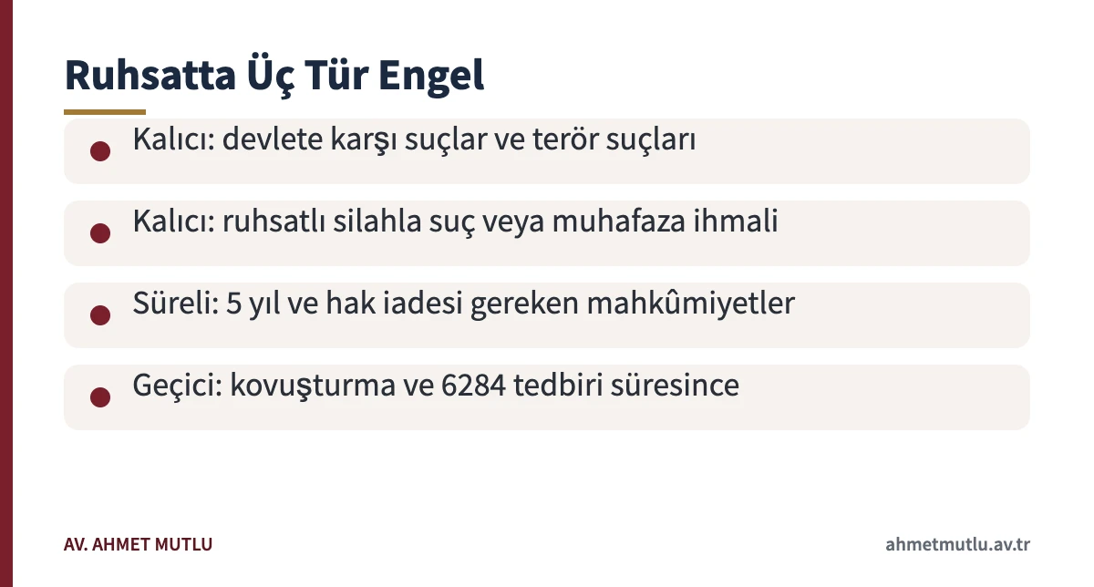 Sabıka kaydı silah ruhsatı ilişkisinde kalıcı, süreli ve geçici engelleri gösteren kart