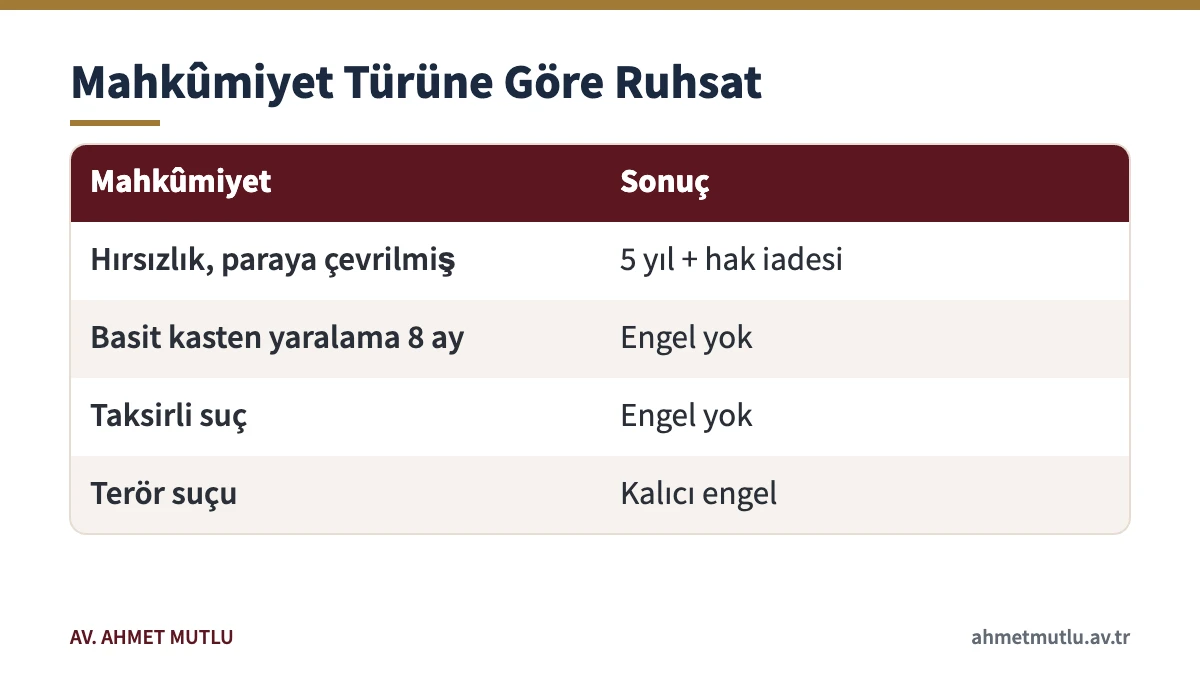 Farklı mahkûmiyet örneklerinin silah ruhsatına etkisini gösteren tablo