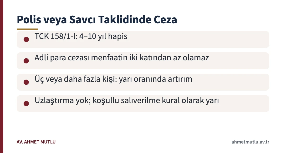 Telefon dolandırıcılığında kendini polis veya savcı olarak tanıtanlara verilen cezayı özetleyen kart