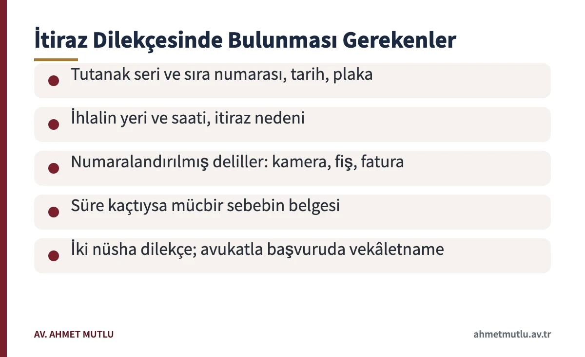 Sulh ceza hâkimliğine verilecek trafik cezası itiraz dilekçesinin içeriğini özetleyen kart