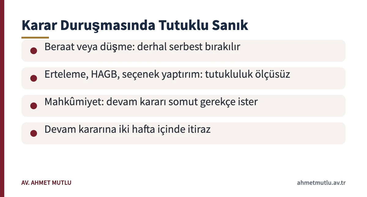 Hangi hallerde tutuklama hüküm anında devam eder sorusuna karar türüne göre cevap veren kart